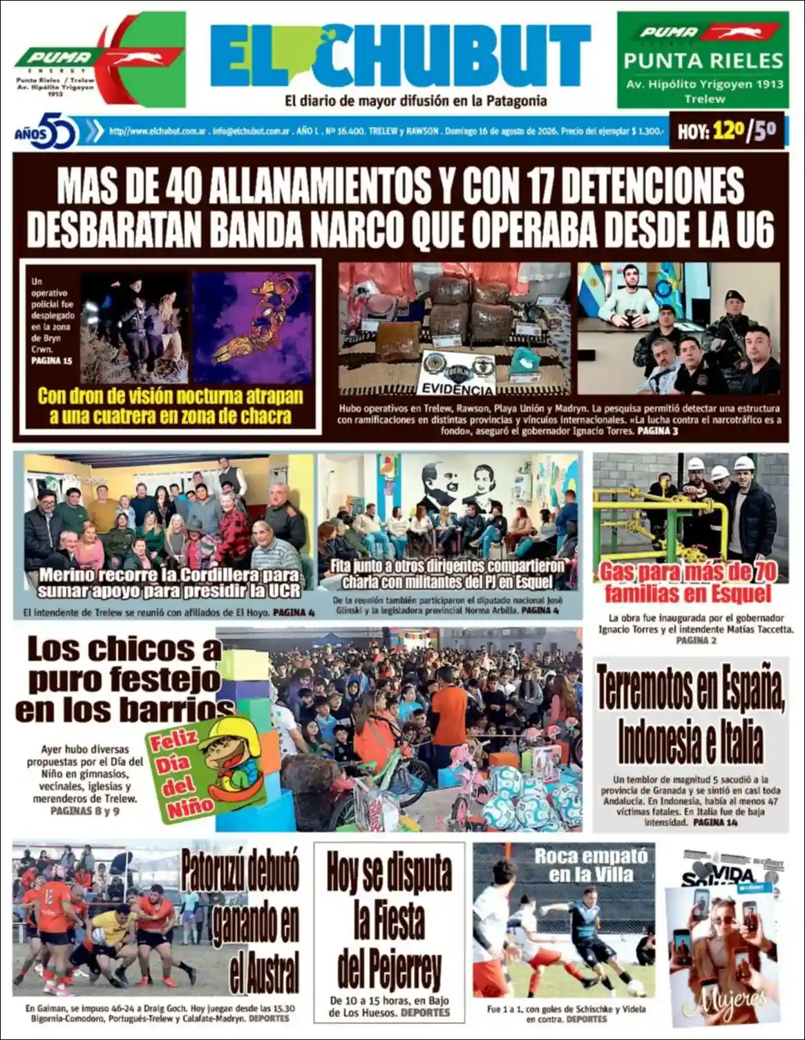 Estudios Max | RADIO URBANA LA PLATA - Tapa del diario El Chubut